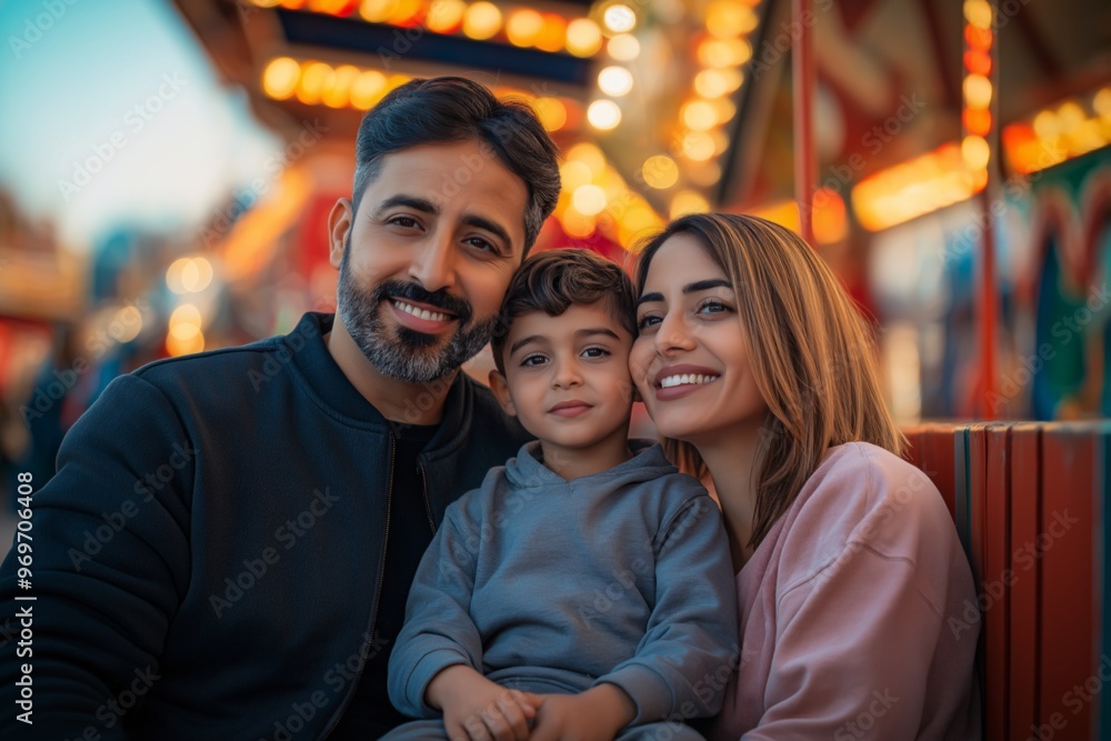 Family with father, mother, and son enjoying time together at amusement park
Family with father, mother, and son enjoying time together at amusement park