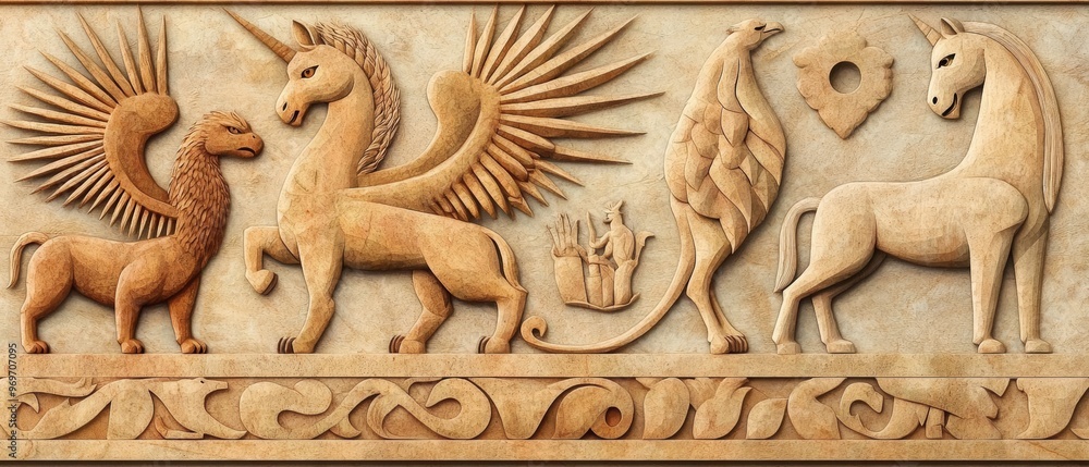 A mythical beast collage of griffins, unicorns, and other creatures based on medieval engravings A mythical beast collage of griffins, unicorns, and other creatures based on medieval engravings