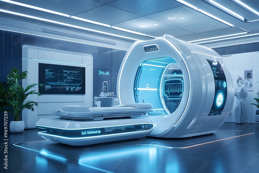 Fototapeta premium High-Tech Medical Innovation Expo Showcasing Cutting-Edge Advancements in Telemedicine, Robotic Surgery, and Personalized Healthcare Solutions