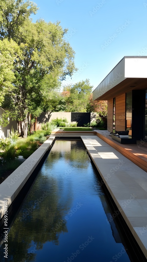 Fototapeta premium A modern rectangular pool set in a minimalistic garden design, emphasizing tranquility and simplicity