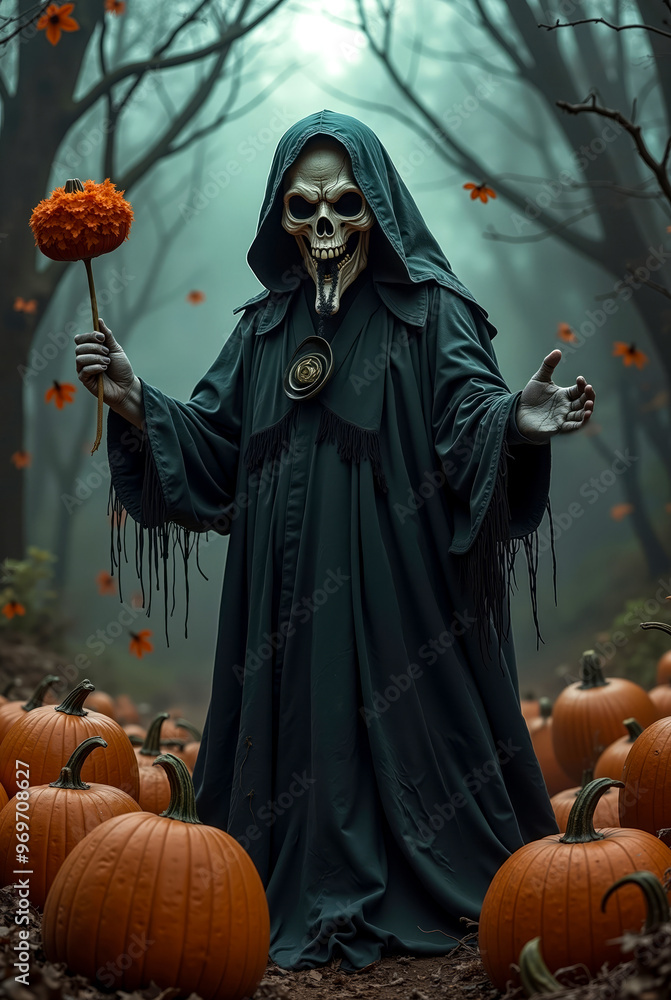 A skeleton in a black robe holding a pumpkin in a field of pumpkins A skeleton in a black robe holding a pumpkin in a field of pumpkins