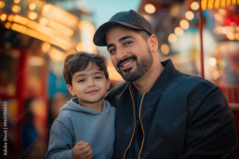 Father and son enjoying family time together at amusement park Father and son enjoying family time together at amusement park