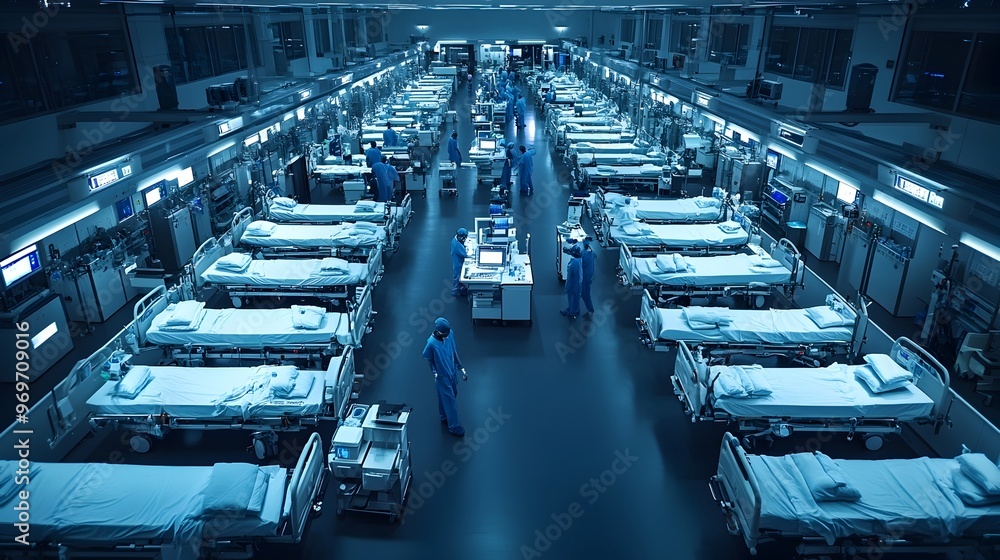 Obraz premium Overhead View of Pristine Hospital Ward with Rows of Beds,Advanced Monitoring Equipment,and Clinical Atmosphere