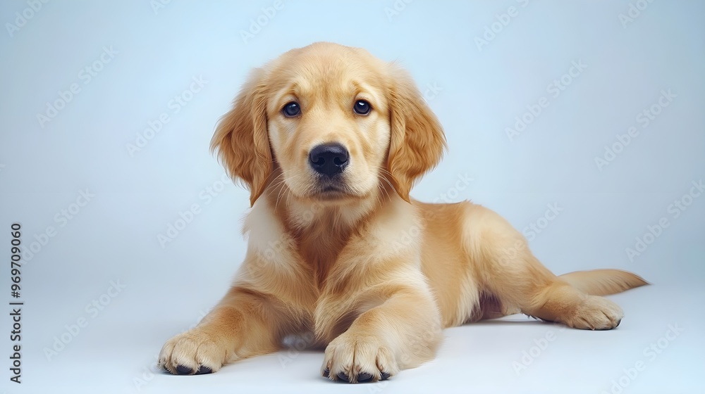 A playful golden retriever puppy lying on a light solid color background, showcasing its soft fur and bright eyes A playful golden retriever puppy lying on a light solid color background, showcasing its soft fur and bright eyes