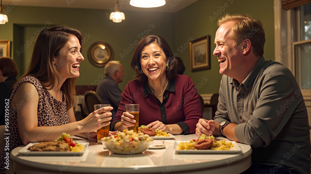 A group of people sitting around a table eating food and drinking beer A group of people sitting around a table eating food and drinking beer