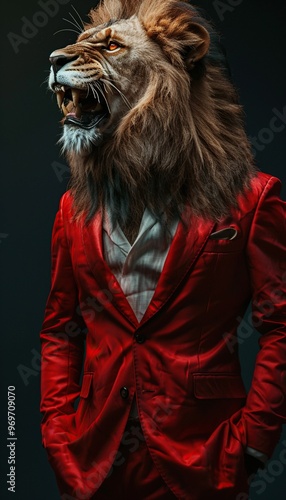 Lion wearing stylish red suit. Generative Ai