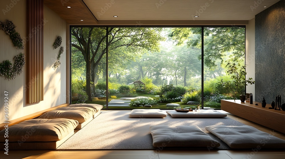 Tranquil Meditation Room Overlooking Serene Garden in Wellness Clinic Tranquil Meditation Room Overlooking Serene Garden in Wellness Clinic