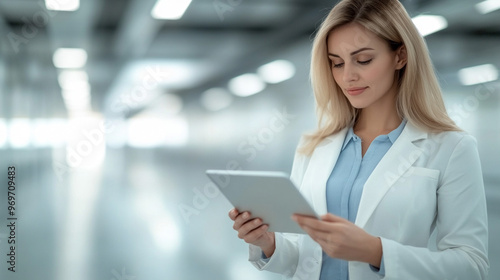 businesswoman with a digital tablet, embodying professionalism and modern success, stands in a bright, modern office, showcasing her expertise and elegance