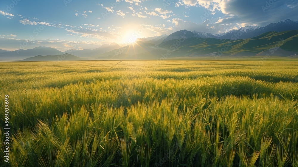 Expansive Golden Wheat Field Embraced by Majestic Mountains Under Dramatic Sunset Sky Expansive Golden Wheat Field Embraced by Majestic Mountains Under Dramatic Sunset Sky