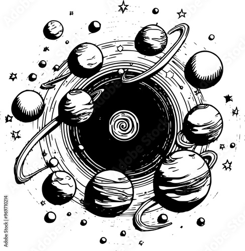 Abstract Vector Design of Aligned Solar System with Simple Circles, Gradients, and Minimalistic Shapes for T-Shirt Design
