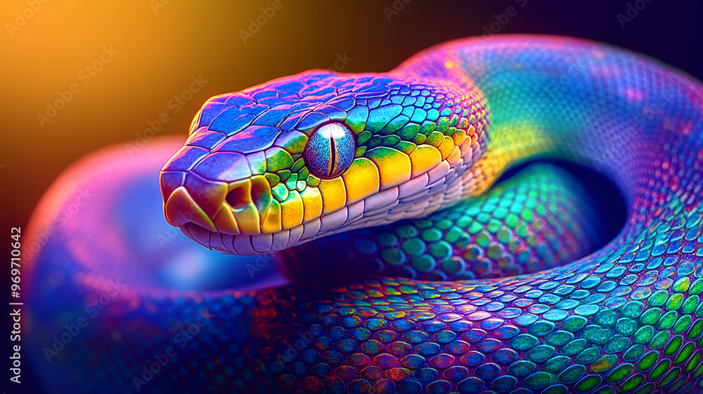 Serpentine Elegance: Vibrant Blue, Green, and Yellow Snake Coiled Around Neon Python Logo on Gradient Background with Copy Space Serpentine Elegance: Vibrant Blue, Green, and Yellow Snake Coiled Around Neon Python Logo on Gradient Background with Copy Space