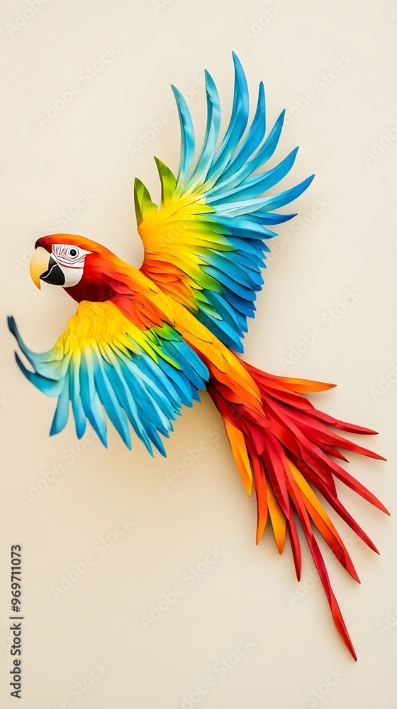 Fototapeta premium A vibrant parrot in mid-flight, showcasing its colorful feathers against a light beige backdrop, emphasizing its beauty