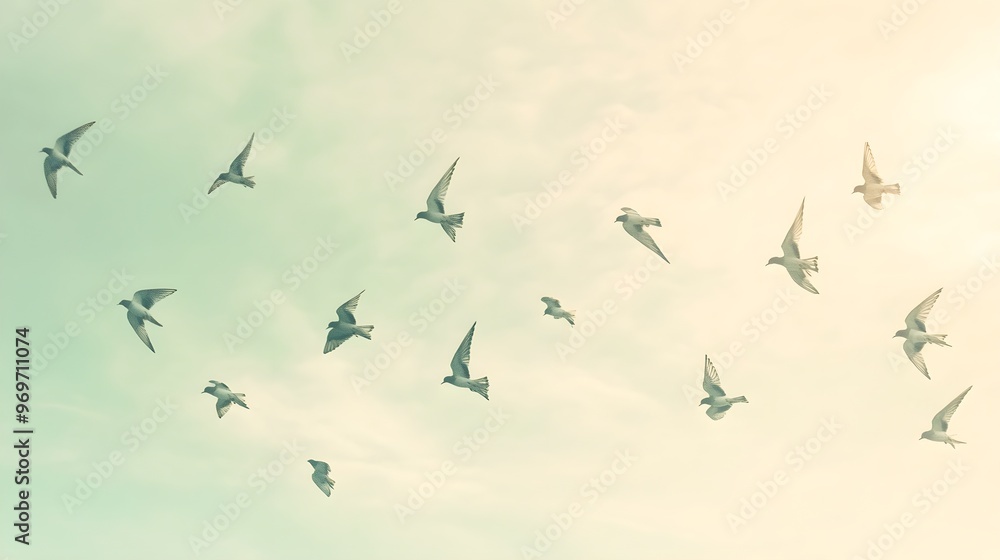 A flock of swallows gracefully flying in unison against a soft pastel sky, creating a sense of harmony and movement A flock of swallows gracefully flying in unison against a soft pastel sky, creating a sense of harmony and movement