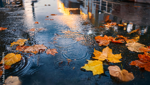 Puddle Pattern- A Detailed View of Autumn Leaves in a Large Puddle on an Urban Sidewalk