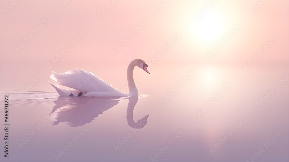 Obraz premium A serene scene featuring a graceful swan gliding across a calm lake, with soft reflections and a minimalistic light solid color backdrop