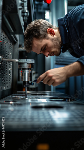 Engineer performing precision calibration checks on high-tech manufacturing equipment, focusing on detailed machinery and industrial technology in a professional factory environment
 photo