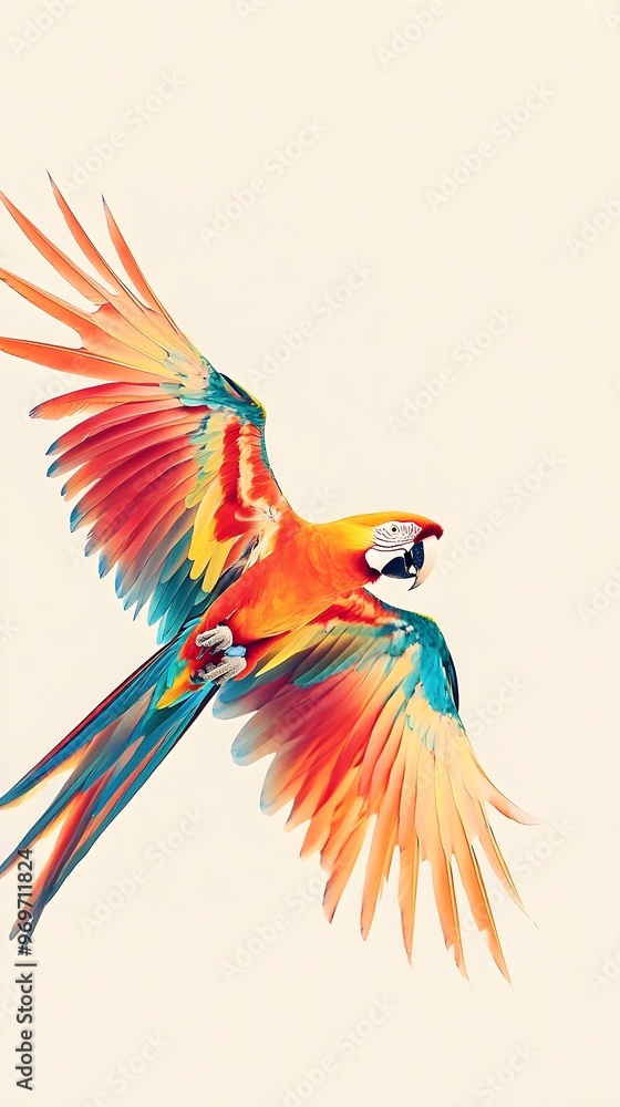 Fototapeta premium An exotic parrot in mid-flight, its wings spread wide, captured in a moment of grace against a light solid color background
