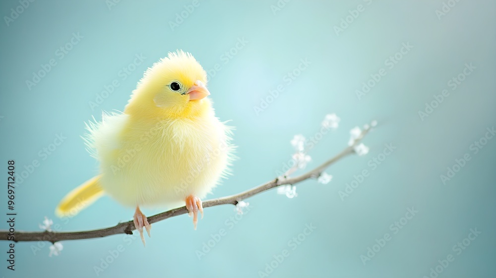 Obraz premium A small, fluffy yellow canary perched on a delicate branch, with soft light illuminating its feathers against a pale blue background