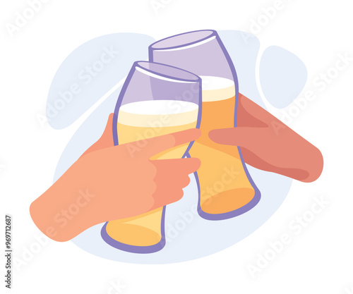 Glass with Beer Drink in Hands Clinking Together Vector Illustration