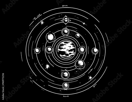 Abstract Vector Design of Aligned Solar System with Simple Circles, Gradients, and Minimalistic Shapes for T-Shirt Design
