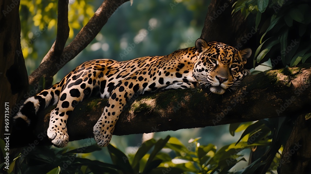 A majestic jaguar lounging on a tree branch, surrounded by lush greenery, with a light solid color background A majestic jaguar lounging on a tree branch, surrounded by lush greenery, with a light solid color background