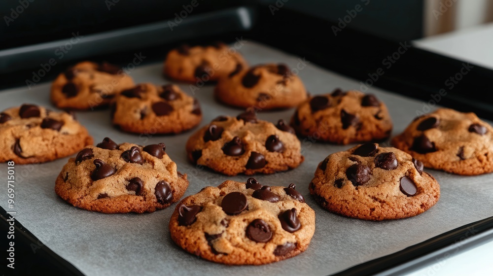 Delicious chocolate chip cookies rest on an old-fashioned baking sheet, perfectly baked with a golden brown finish, awaiting to be served in a warm kitchen atmosphere Delicious chocolate chip cookies rest on an old-fashioned baking sheet, perfectly baked with a golden brown finish, awaiting to be served in a warm kitchen atmosphere