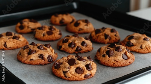 Delicious chocolate chip cookies rest on an old-fashioned baking sheet, perfectly baked with a golden brown finish, awaiting to be served in a warm kitchen atmosphere