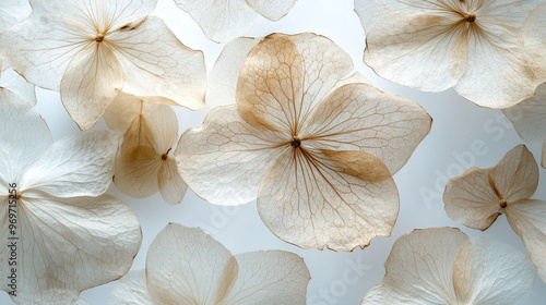 A close-up image shows the dried, delicate skeletons of hydrangea flower petals against a white background.