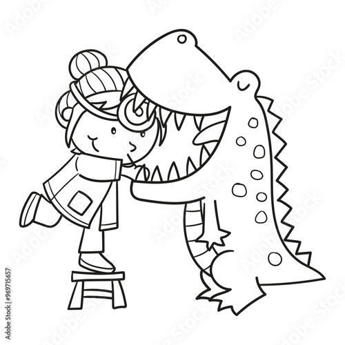 Black and white illustration of a female dentist examining a dinosaur's mouth clipart, Coloring page