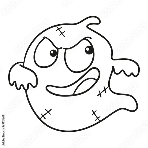 Black and white illustration of a chubby ghost flying with a mischievous smile, clipart, coloring page