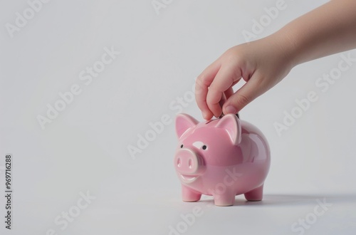 A person of Asian descent, female, is placing a coin into a pink piggy bank, symbolizing personal savings and financial planning on a neutral background. photo