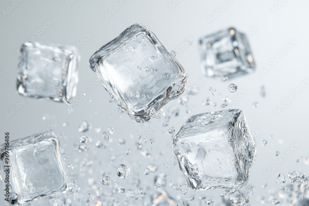Ice Cubes Defying Gravity Mid-Flight on Clean White Ice Cubes Defying Gravity Mid-Flight on Clean White