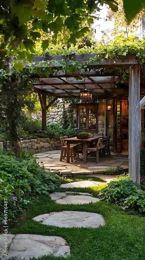 Stone Pathway Leading to a Cozy Outdoor Patio with a Wooden Pergola and Stone Walls. Stone Pathway Leading to a Cozy Outdoor Patio with a Wooden Pergola and Stone Walls.