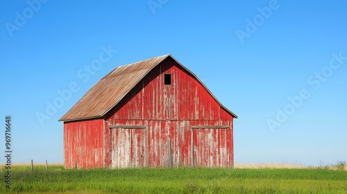 A rustic red barn standing tall in a green field under a clear blue sky, with light shining on its weathered wooden panels