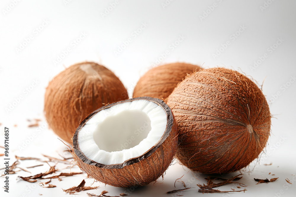 Brown Ripe Coconuts on a White Background, Organic and Natural Brown Ripe Coconuts on a White Background, Organic and Natural