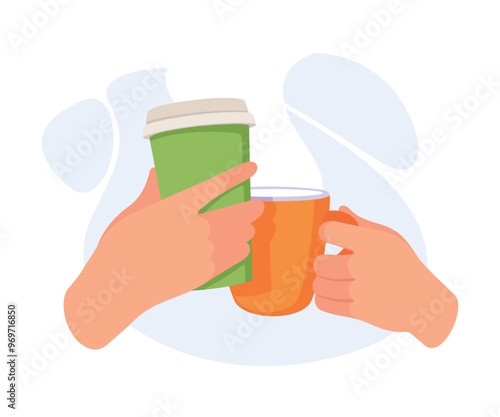 Mug with Tea or Coffee Drink in Hands Clinking Together Vector Illustration