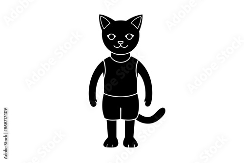 Cat wears t shirt and half pant in the shape of human being mascot vector, silhouette black color 