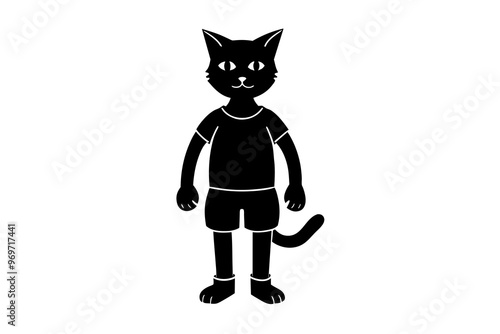 Cat wears t shirt and half pant in the shape of human being mascot vector, silhouette black color 