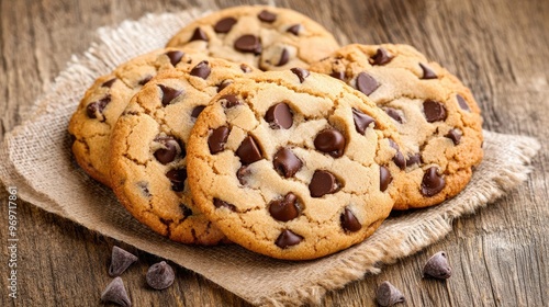 Delicious chocolate chip cookies rest on an old-fashioned baking sheet, perfectly baked with a golden brown finish, awaiting to be served in a warm kitchen atmosphere