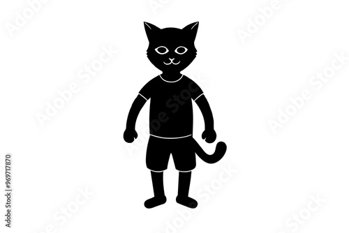 Cat wears t shirt and half pant in the shape of human being mascot vector, silhouette black color 