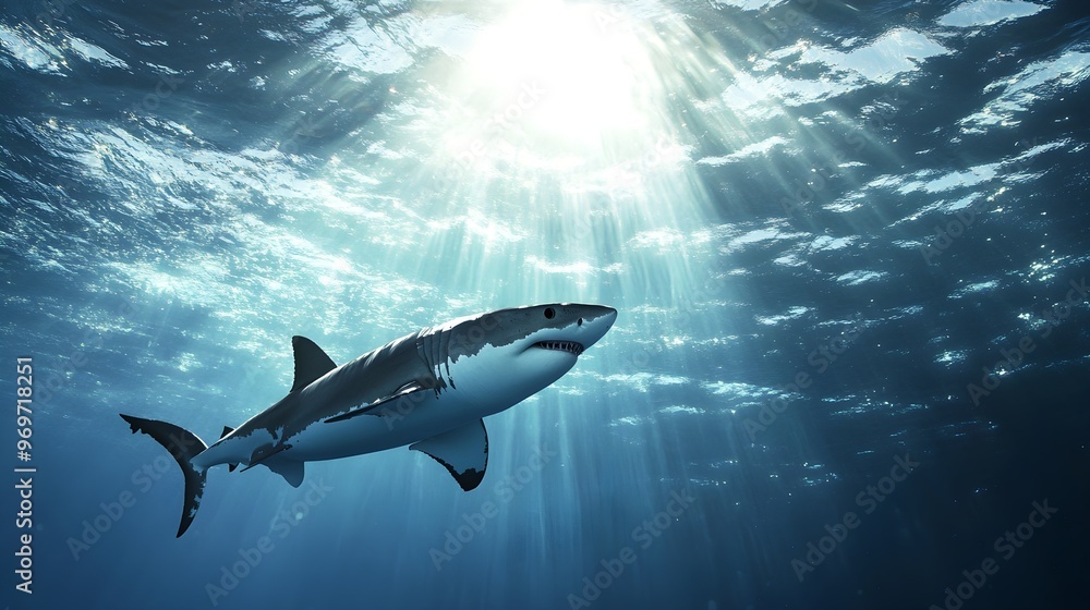 Fototapeta premium A majestic great white shark gliding through crystal clear waters, with sunlight filtering down from the surface, creating a serene atmosphere