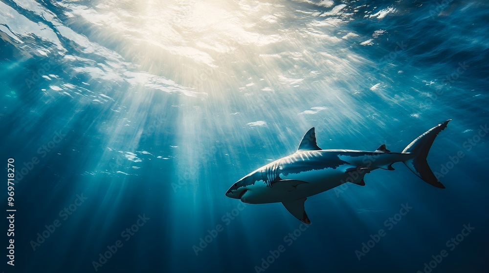 Fototapeta premium A majestic great white shark gliding through crystal clear waters, with sunlight filtering down from the surface, creating a serene atmosphere