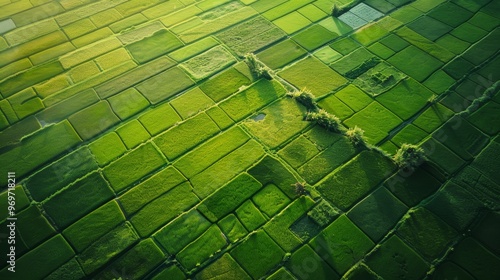 Lush Green Paddy Fields Aerial View Showcasing Serene Rural Landscape