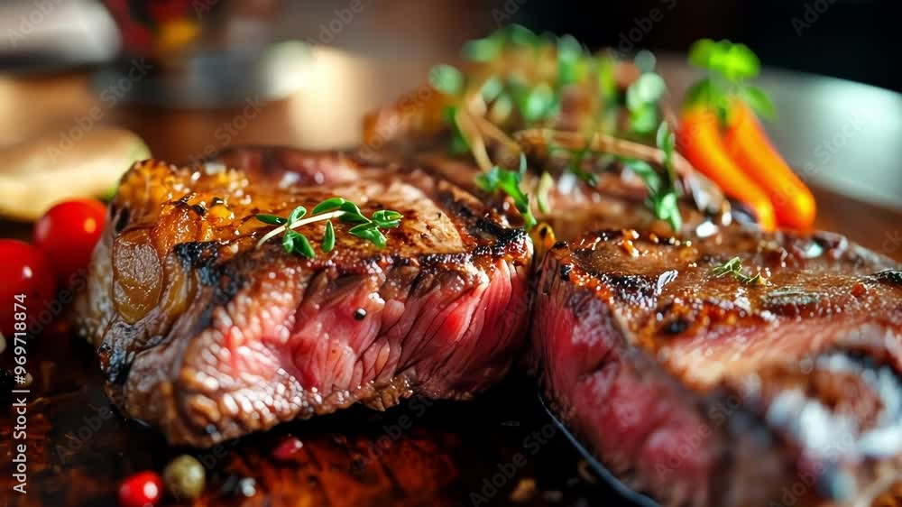 A close up view of grilled steak garnished with herbs, showcasing rich textures and inviting colors in a dining setting A close up view of grilled steak garnished with herbs, showcasing rich textures and inviting colors in a dining setting