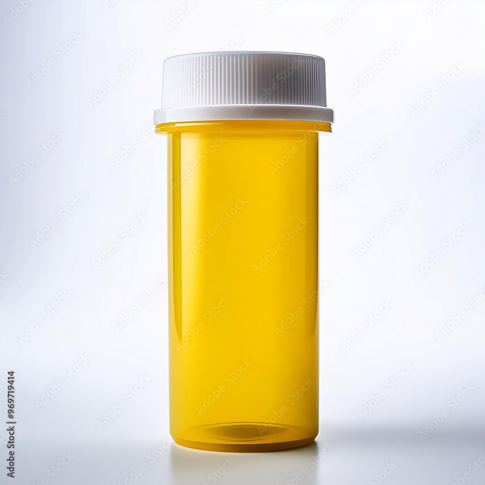 empty tall yellow plastic medication container with a white cap in a white background