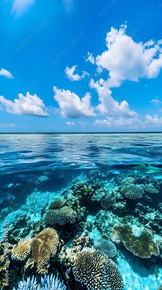 A panoramic view of a serene reef barrier, with crystal clear water and a bright blue sky in the distance A panoramic view of a serene reef barrier, with crystal clear water and a bright blue sky in the distance
