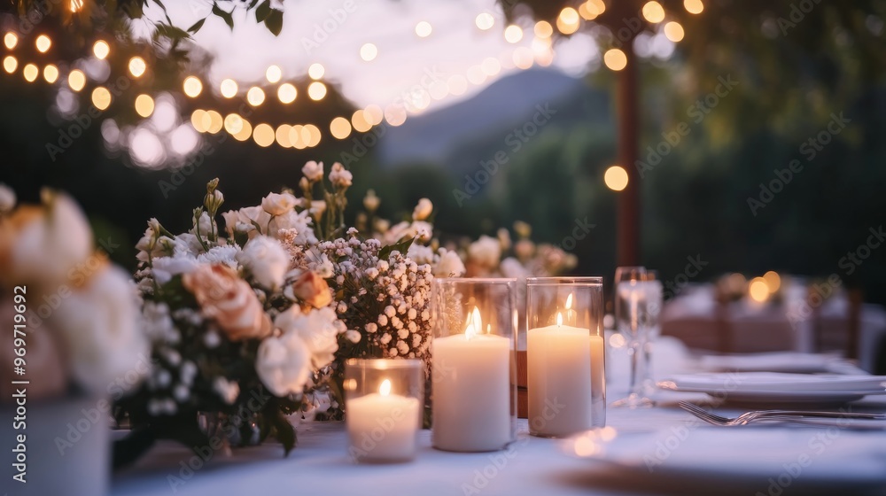 A beautiful outdoor dinner table is adorned with floral arrangements and glowing candles as soft string lights illuminate the serene garden at dusk, creating a romantic atmosphere A beautiful outdoor dinner table is adorned with floral arrangements and glowing candles as soft string lights illuminate the serene garden at dusk, creating a romantic atmosphere