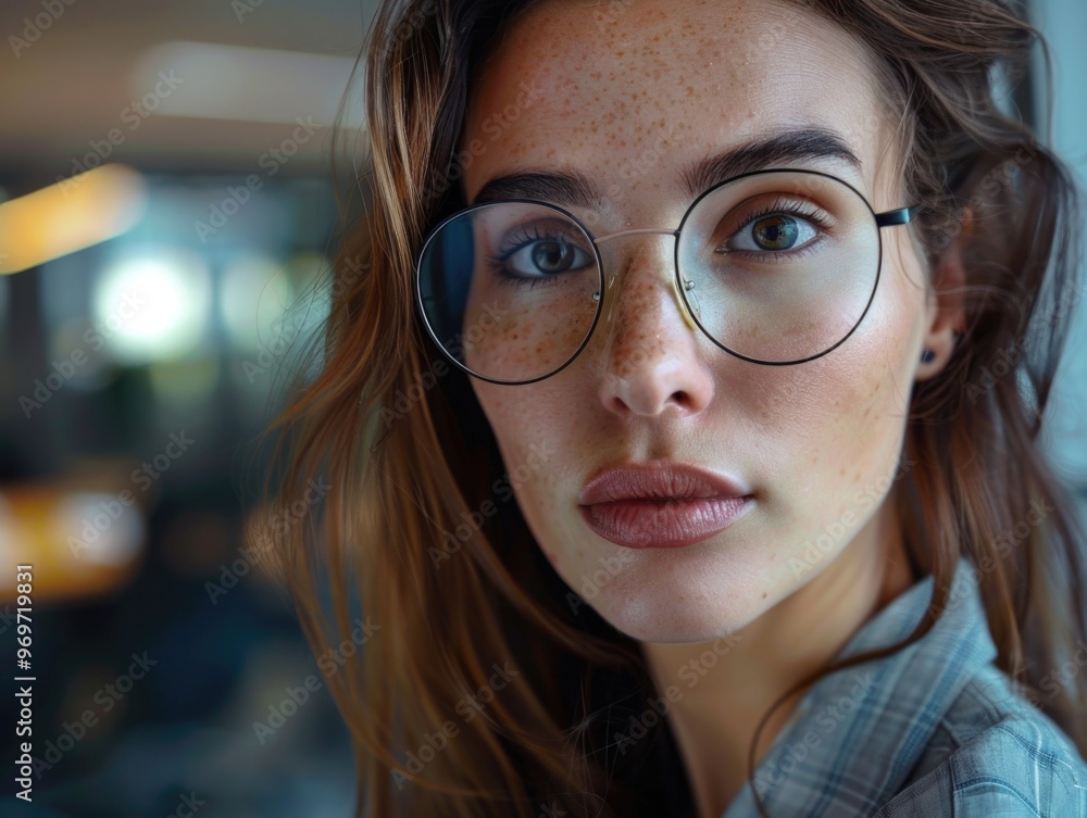 Elegant Woman in Glasses, Wide Smile, Indoor Environment Elegant Woman in Glasses, Wide Smile, Indoor Environment