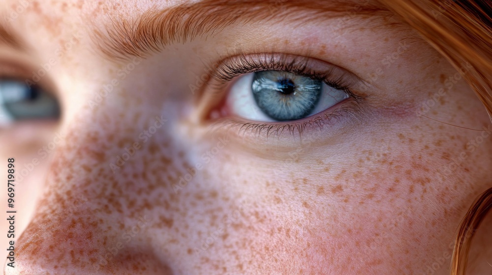A young individual with bright blue eyes and a sprinkle of freckles gazes thoughtfully, their expression highlighting natural features illuminated by soft light A young individual with bright blue eyes and a sprinkle of freckles gazes thoughtfully, their expression highlighting natural features illuminated by soft light