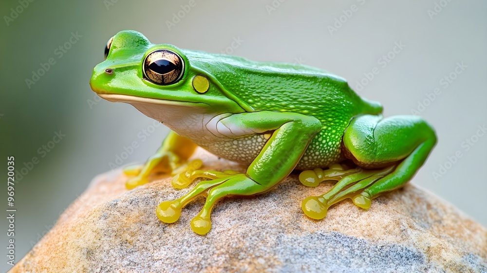 A close-up of a vibrant green frog perched on a smooth rock, showcasing its intricate skin textures against a light solid color background A close-up of a vibrant green frog perched on a smooth rock, showcasing its intricate skin textures against a light solid color background